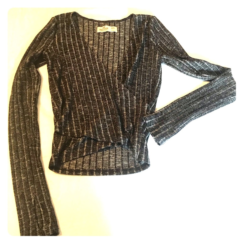 Hollister Long Sleeve Faux Wrap Knit Top Black XXS
